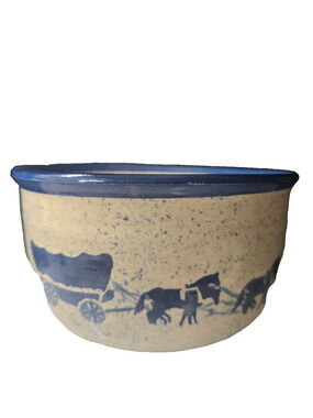 Salt Glazed Stoneware Bowl Cobalt Blue Silhouette of Horse & Wagon Speckled